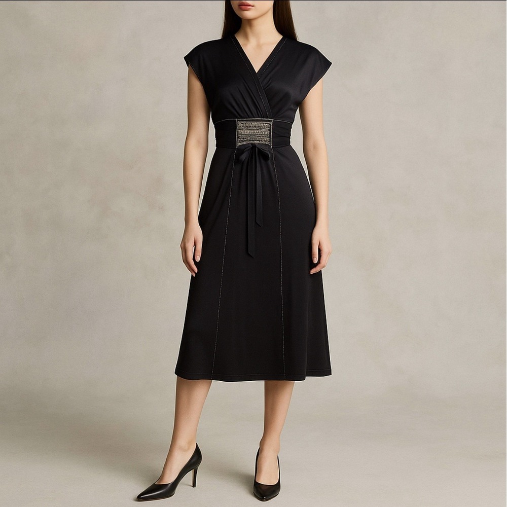 Y2K Black Satin Midi Dress with Beaded Waist, Size Small | Sexy, Sultry, Evening